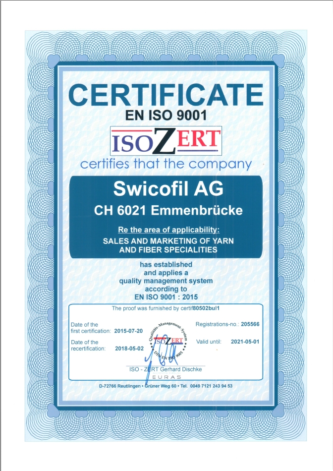 ISO 9001:2015 certificate Swicofil