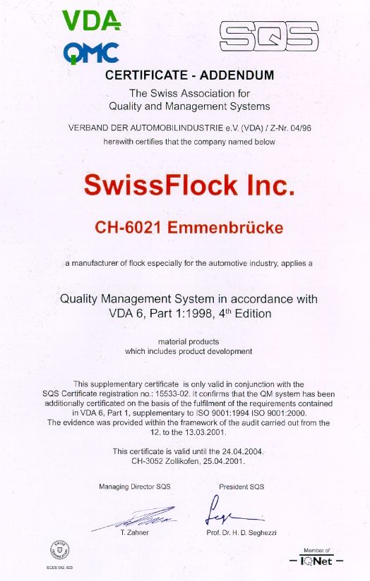 VDA Certificate for Swissflock