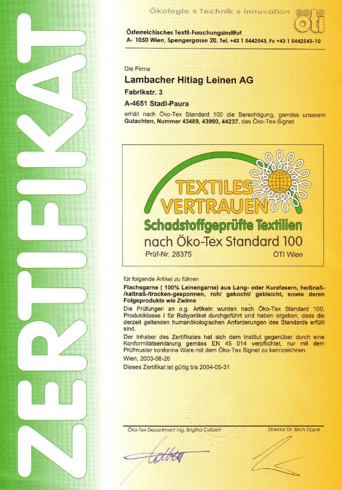 Lambacher line and flax tow yarns are Oekotex certified
